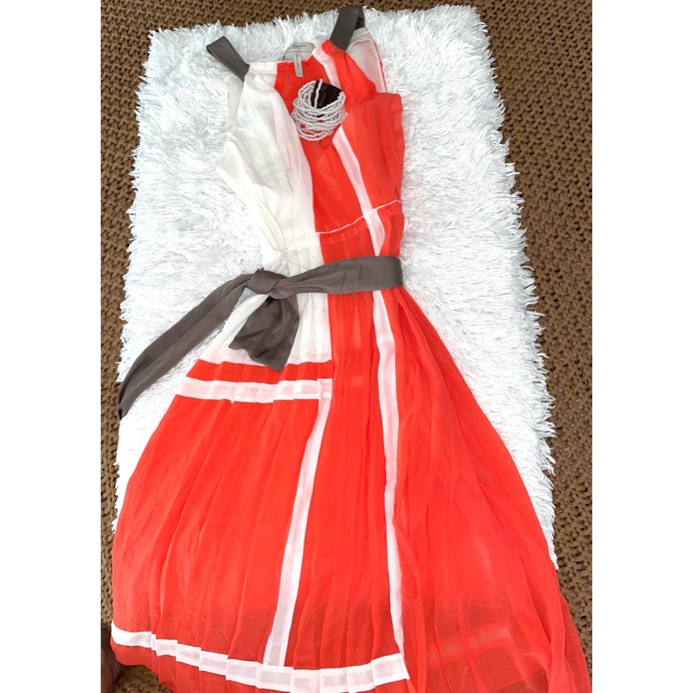 BCBGMAXAZRIA Pleated Coral&White Silk Dress Size Extra Small.